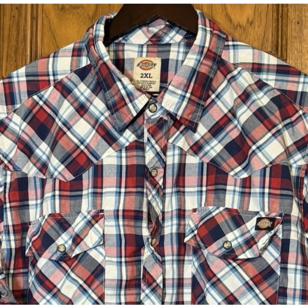 Dickies Red Plaid Pearl Snap Western Shirt 2XL Short Sleeve Cotton Poly Cowboy